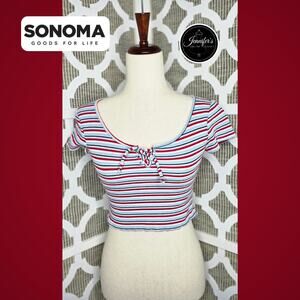 SO Juniors Striped Front Tie Short Sleeve Crop Top Size XS